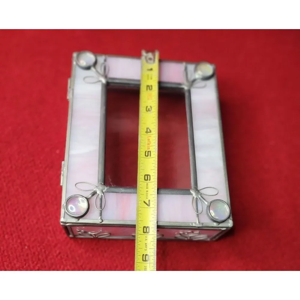 Stained Glass Trinket Box With Pink Opalescent Accents & Metal‎ Frame
